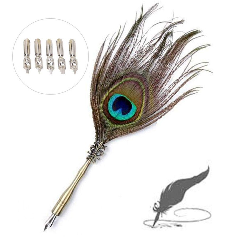Vikye Peacock Feather Dip Pen with Writing Ink Retro Calligraphy