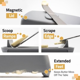 Butter Hub Butter Dish with Lid and Knife, Magnetic Butter Keeper, Easy Scoop, No Mess Lid, Plastic, Dishwasher Safe (Grey)