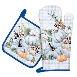 Arquiel Blue Fall Pumpkin Oven Mitts and Pot Holders Sets 2Pcs, 100% Cotton Heat Resistant, Extra Long Oven Gloves Potholder for Kitchen Cooking Baking Decoration
