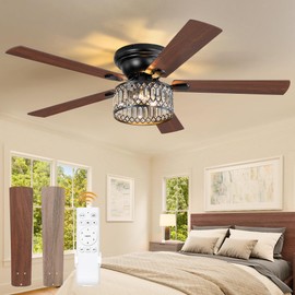 56 Inch Low Profile Chandelier Ceiling Fan with Light, Crystal Ceiling fan with Lights, 6-Speeds, Quiet Reversible DC Motor, Black Flush Mount Ceiling Fans with Remote for Bedroom, Living Room
