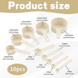 Measuring Spoons and Cups Set, 10-Piece Plastic Measuring Tools for Baking and Cooking, Precise Ingredient Measurement in Compact Kitchen Storage, Dishwasher Safe Cream Coloured OPP Bag Packaging
