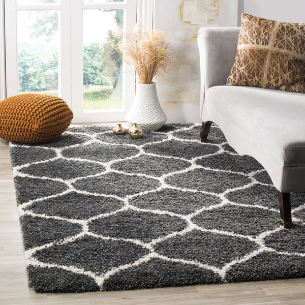 SAFAVIEH Hudson Shag Collection SGH280G Moroccan Ogee Trellis Non-Shedding Living Room Bedroom Dining Room Entryway Plush 2-inch Thick Area Rug, 3' x 5', Dark Grey / Ivory