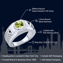 Gem Stone King Men's 925 Sterling Silver Round Green Peridot and Black Diamond Ring For Men |1.95 Cttw | Gemstone Birthstone | Available In Size 7, 8, 9, 10, 11, 12, 13