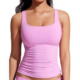 CRZ YOGA Tankini Tops for Women Square Neck Swimsuit Ruched Tummy Control Bathing Suits Adjustable Swim Tank Only No Bottom Vita Pink X-Large