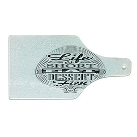 Ambesonne Eat Dessert First Cutting Board, Life is Short Food Inspired Words on Spoon Retro Chalk Board, Decorative Tempered Glass Cutting and Serving Board, Wine Bottle Shape, Charcoal Grey and White