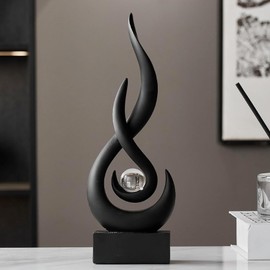 Octdays Abstract Statue Sculpture Decorations: Modern Black Sculptures for Home Decor Resin Art Flame with Glass Ball Figurines for Living Room Table Centerpiece Office Desk TV Stand Decor