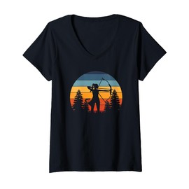 Donna Ragazza di tiro con l'arco, arco da arciere, tramonto retrò Maglietta con Collo a V