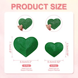 YELARXI Sequin Heart Iron on Patches Embroidered Sew Sequin Glitter Patch Appliques, Fit for DIY Shoes Hats Backpacks Clothing Repair - (12 Pack, Green, 2 Size)