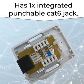 1050 Pk5 Integrated Cat6 Jack One Port Wall Box - Surface mountable ethernet Box, Includes Integrated cat6 Punch Board & RJ45 Jack, Includes Screws and mounting Tape, White Color, Easy to Install
