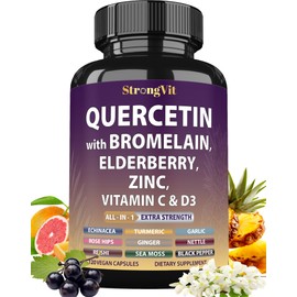 StrongVit Quercetin with Bromelain, Elderberry, Vitamin C, D3 and Zinc. Super Immune Support Supplement. Organic Complex for Men & Women, Non-GMO, Gluten-Free, Vegan, USA (120 Capsules)