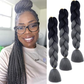 Ombre Braiding Hair Black to Dark Grey Braid Hair Extensions Hot Water Setting High Temperature Synthetic Fiber 24 Inches(B35-3Packs)