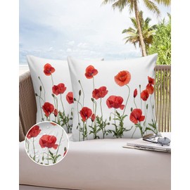 Watercolor Red Poppy Flowers Outdoor Pillow Covers Set of 2, Garden Blossoms Floral Decorative Waterproof Throw Pillow Case, Green Wild Botanical Cotton Linen Soft Cozy Cushion Pillowcases 16x16In