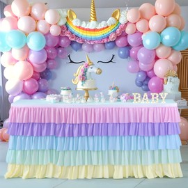 14ft Rainbow Tutu Tulle Table Skirt for Rectangle Round Tables Chiffon Table Cloth for Birthday Party Decorations Baby Shower Parties Ruffle Table Skirting