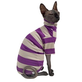 Vintage Stripes Sphynx Hairless Cats Shirt Cotton Cat Turtleneck Pet Clothes Kitten T-Shirts with Sleeves for Sphynx Cats (Wide Purple Grey Stripe, X-Large)