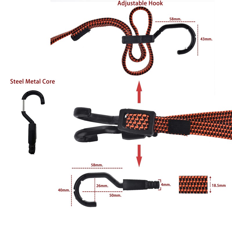 Fifod Adjustable Flat Bungee Cord with Hooks, 4 Pack Bungie
