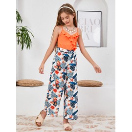 WDIRARA Girl's Tropical Print Ruffle Trim Wrap Front V Neck High Waist Belted Cami Jumpsuit Sleeveless Long Romper Tropical Orange 9Y