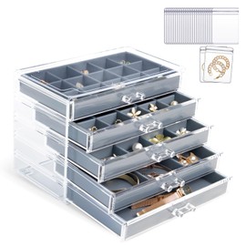 KAMIER Earring Holder Organizer Box with 5 Drawers, Clear Acrylic Jewelry Organizer Box for Women,20 Pcs Portable Clear Jewelry Bag Set for Earrings Ring Bracelet Necklace,Bluish Grey
