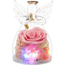 Preserved Flower Rose Gifts in Glass Angel Figurines,Birthday Gifts for Women, for Mom,Angel Rose Gifts for Her,Mom Gifts from Daughter,Red Real Rose Gifts for Grandma Wife - Color: Light Up Pink