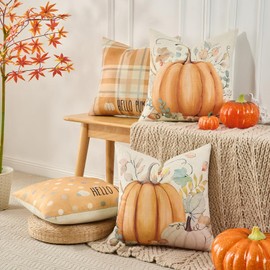 Volcanics Fall Pumpkin Throw Pillow Covers 20x20 Set of 4, Autumn Thanksgiving Decor with Orange Eucalyptus, Hello Fall Cushion Cases for Couch Sofa