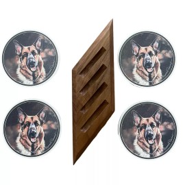 CoasterStone Stone Coasters GERMAN SHEPARD Set Of 4 with WOOD STAND!! Vintage 80s BRAND NEW!!