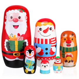 AOKWAWALIY Pack of 6 Wooden Christmas Matryoshka Dolls, Russian Nesting Dolls, Handmade Stacking Doll, Christmas Toy with Cute Cartoon Pattern for Christmas Decoration