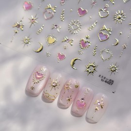 Heart Nail Stickers for Nails Art Gold Stars Moon Nail Stickers Bow Nail Decals 5D Self-Adhesive Design Nails Supplies for Women Manicure Accessories