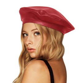 PU Leather Berets for Women French Beret Hats Artist Painter Hat Classic Solid Style(Red)