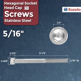 Kozelo 5pcs Socket Head Cap Screws - [5/16"-18 x 3-1/2"] UNC 304 Stainless Steel Allen Socket Drive for Electrical Motor 3D Printing Fan Engine Replacement Use, Silver