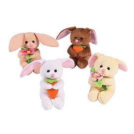 Fun Express Stuffed Bunnies with Flowers and Carrots (Set of 12) Easter Plush Toys and Gifts