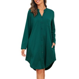 Vlazom Women's Nightdress, Ladies Long Sleeve Nighties Button Down Soft Nightshirts Sleep Dress Nightgown Sleepwear with Pockets Dark Green,XL