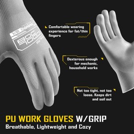 COOLJOB 12/60 Pairs Safety Work Gloves Pack Bulk with Grip PU Coating, 13 Gauge Seamless Knit Gloves with Polyurethane Dipped for Warehouse Working, Breathable Lightweight for Men Women, Grey Medium