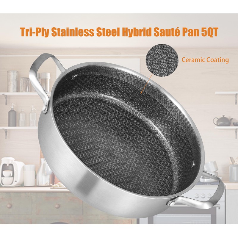 Inqibee 5 QT Hybrid Tri-Ply Stainless Steel Ceramic Coating Non