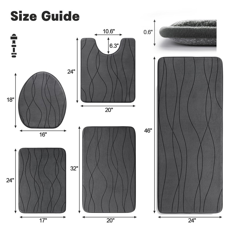 YIHOUSE Memory Foam Grey Bathroom Rug Sets 5 Piece, Ultra