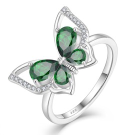 YL Butterfly Rings 925 Sterling Silver Simple Ring Created Emerald Statement Rings for Women-size10