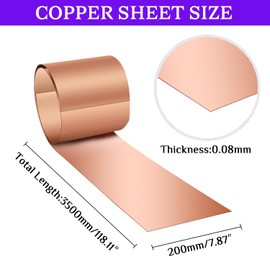 Hosifiy Copper Sheet Roll Copper Tape, 3500 x 200 x 0.08 mm Copper Sheet for Various Home Repairs, DIY Cutting Crafts Making
