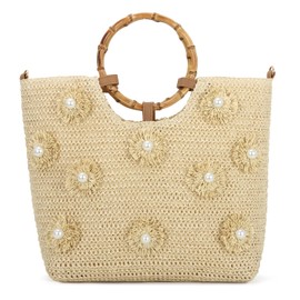 Freiesoldaten Flower Beads Straw Tote Bag for Women Large Summer Beach Woven Top Handle Handbag with Adjustable Strap, beige