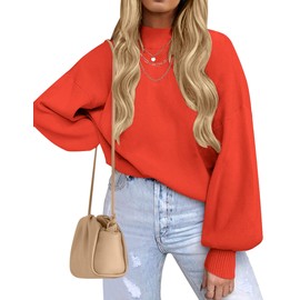 ZESICA Women's 2024 Casual Turtleneck Long Lantern Sleeve Oversized Ribbed Knit Pullover Sweater Jumper Top,FireRed,Medium