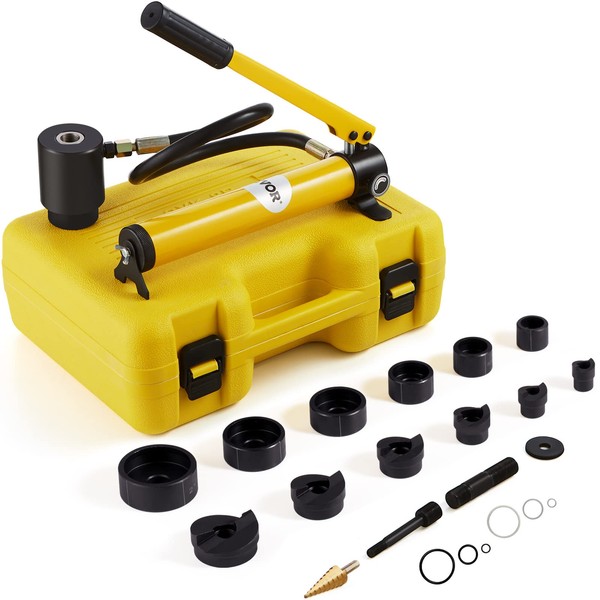 VEVOR 10 Ton Hydraulic Knockout Punch Kit, 1/2-2INCHES Conduit Hole Cutter Set, KO Tool Kits W/Puncher 6 Piece, Metal Sheet Driver Tools, for Aluminum, Brass, Stainless Steel, Fiberglass and Plastic
