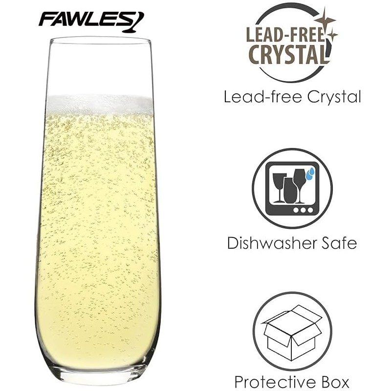 FAWLES Stemless Champagne Flutes Set of 12, Crystal Glass, 8