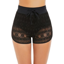 Lecieldusoir - Pantalones cortos de natación para mujer, cintura alta, pantalones de baño, pantalones de baño, pantalones de baño, pantalones cortos de bikini, Hollow Out Black Print1, Small