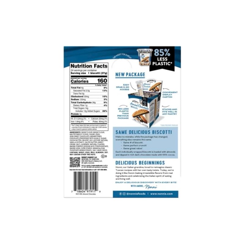 Nonni's Almond Chocolate Biscotti, 24 Count, Dark Chocolate Dipped, Individually