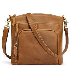 S-ZONE Crossbody Bags Purses for Women Trendy Genuine Leather Four Zipper Pockets Shoulder Handbags Light Brown