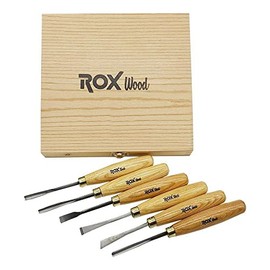 Rox Wood ROX-15399063-6PC Woodworking Wood Carving Tools Set with Brass Rings CRV60 Blades in a Wooden Storage Case - 6 Piece