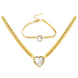 Herringbone Chain Necklace with Heart Cubic Zirconia Pendant Gold Stainless Steel Clavicle Choker and Bracelet Jewelry Set for Women Teens Flat Cuban Link