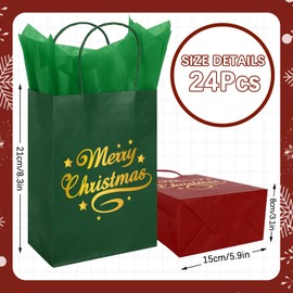 Whaline 24Pcs Christmas Kraft Paper Bags with 30 Sheets Red Green Tissue Paper Gold Merry Christmas Party Gift Bags with Handles Red Green Candy Treat Bags for Winter Xmas Supplies