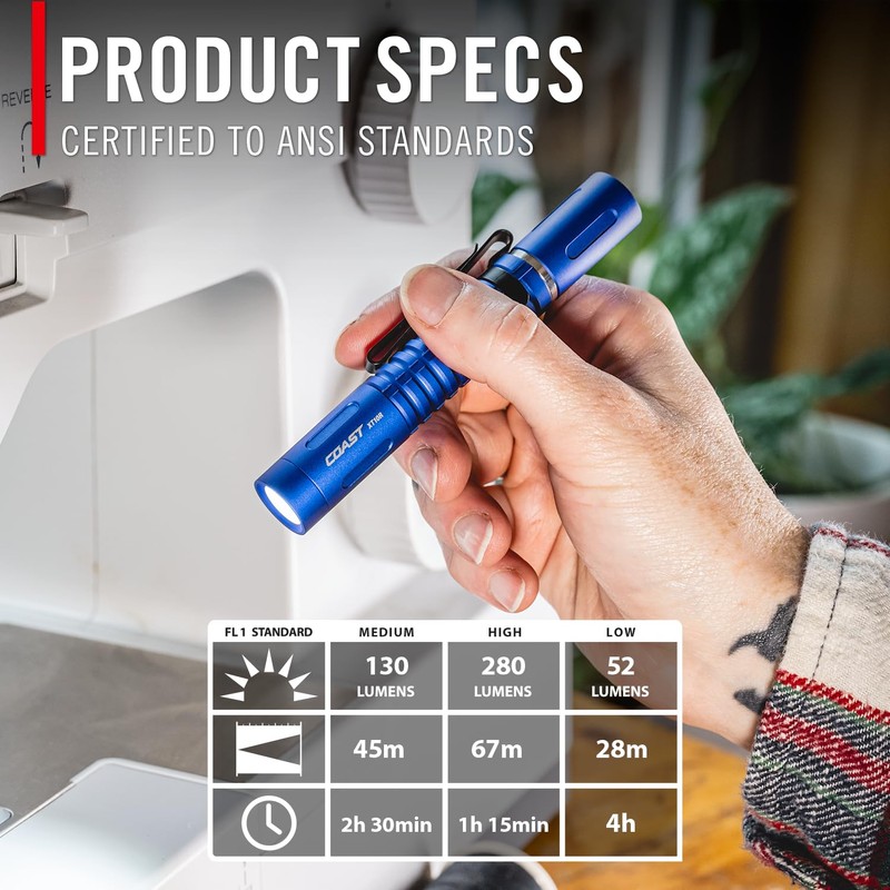 COAST XT10R 280 Lumen USB-C Rechargeable Pocket Flashlight/Penlight with TWIST