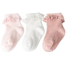 Snegyu 3 Pack Baby Girls Ruffle Socks Toddler Girls Knit Cotton Ankle socks Non-slip Plain Frilly Princess Solid Color Dress Socks Set for 1-3 Years