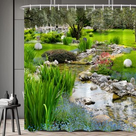 70x70 in Garden Landscape Shower Curtain Spring Summer Nature Plants Multicolour Flower Greenery Country Landscape Rustic Flower Bathroom Decor Polyester Waterproof with Hooks