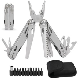 profiwoab Multifunctional Pliers, 16 in 1 Foldable Multi-Tool Tool, Stainless Steel Pliers with 11 Screwdriver Bits and Portable Bag, Ideal for Outdoor Hiking Gift and Camping Area