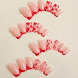 Valentine’s Day Press on Nails Medium Square Fake Nails French Tip Nails Press ons Glossy Glue on Nails Valentines Acrylic Nails Nude False Nails with Red Heart Designs Stick on Nails for Women 24Pcs